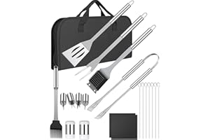 HOMGEN Utensilios de Plancha 24pcs Kit de Accesorios de Utensilios de Cocina para Barbacoa de Acero Inoxidable Plancha BBQ Teppanyaki Barbacoa Espátula con Bolsa de Almacenamiento para Camping
