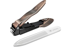 VANWIN Cortaúñas con recogedor, cortaúñas sin salpicaduras con hoja curva afilada y lima de uñas de vidrio, cortador de uñas de acero inoxidable para adultos hombres mujeres