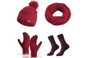 MAZELIKEHOOD Hat Scarf Gloves Set for Women 4Pcs Winter Ladies Warm Knitted Beanie Hat Gloves Socks Scarf Neck Warmer 4 in 1 Cold Weather Set
