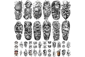 ATYDKUG 77 Tatouages Temporaires Crânes de Pirates pour Femmes Hommes, 17 Grands Designs Bras Demi longueur Fleurs Pieuvres, 60 Mini Noir Horloges Réalistes Adultes Enfants​
