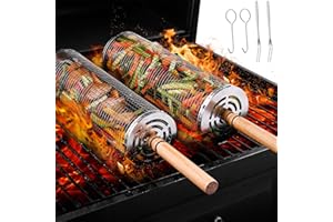 Grillkorb Edelstahl mit Holzgriff-Toyone 2 Stück Grill Zubehör – Rolling Grillkorb – für Oktoberfest BBQ, Grillkorb Gemüse, Gegrilltes Gemüse, Fleischspieße, Meeresfrüchte