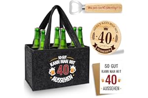 Shining She 40th Birthday Men's Gift Men's Handbag Beer, Felt Bottle Bag 6 Bottles with Bottle Opener Coaster Wooden Greeting Cards Personalised Gifts Man 40th Birthday for Dad