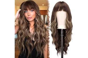 FESHFEN Parrucca Ondulata con Frangia per Donna, 65 cm Parrucche Lunga Ondulati Ricci Sintetici Naturali Capelli Parrucca Resistente al Calore per Uso Quotidiano Festa, Castano Misto Biondo