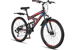 Licorne Bike Strong D Rower górski dla chłopców, dziewcząt, kobiet i mężczyzn, hamulec tarczowy z przodu i z tyłu, 21 przerzutek Shimano, pełne zawieszenie (czarny, niebieski, pomarańczowy, 26 cali)