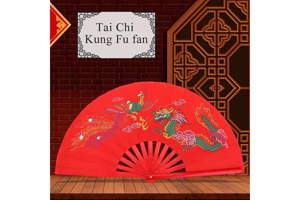 Fan de Tai Chi Rouge, éventail d'arts Martiaux en Bambou de Kung Fu, Dragon d'entraînement de Danse Wushu à Droite et Fan de phénix