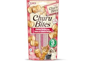 INABA Churu Bites - Przysmak dla kota z tuńczykiem i łososiem, powłoka z kurczaka - Puszysty i kremowy - 3 tuby x 10g