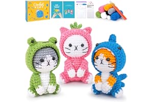 FORTUNING'S JDS Cat Crochet Kit for Beginners with Video, Frog Shark Crochet Kit Cosplay Animal Knitting Kit Crocheted Animal Kits Complete Kitten Crochet Starter Animals Cosplay Set Beginners Crocheted Cat Kit