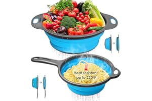 longzon Scolapasta in Silicone Pieghevole [Set da 2 Pezzi], Dimensioni del Diametro 8'' - 2 Quarti e 9,5" - 3 Quarti, Filtri a Rete da Cucina per Pasta, Verdura/frutta con Manici Estensibili - Blu