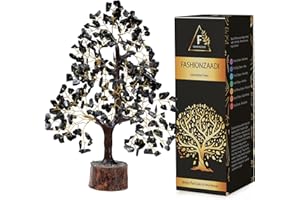 FASHIONZAADI Black Tourmaline Crystal Tree Natural Bonsai Gemstone Money Trees Good For Home Office Table Décor Crystals Size 10-12 Inch (Golden Wire)