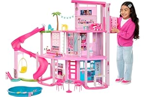 Barbie Coffret Maison de Rêve Poupée Mannequin, Design en Spirale sur 3 Niveaux, 10 Espaces de Vie Inclus Piscine, Toboggan, et Ascenseur, 75Accessoires Inclus,Jouet pour Enfant de 3 ans et Plus,HMX10