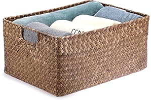 IGNPION Seagrass Storage Opened Basket Living Room Decorative Baskets Woven Wicker Towel Basket Rectangular Bathroom Storage Organiser Box, Shelves & Desks Multipurpose Storage Hamper, XL