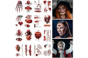 AIRNOGO Tatuaggi Halloween Viso 16 Fogli, Tatuaggi Temporanei Halloween Zombie Scar Tattoos con Sangue Finto, Cicatrici Finte,Costume Speciale Trucco per Bambini Adulti Cosplay
