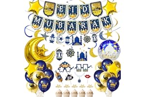 iZoeL Eid Deko Set Eid Mubarak Dekoration Girlande Luftballons Eid Mubarak Cake Topper Foto Requisiten Mond-Sterne Folienballon