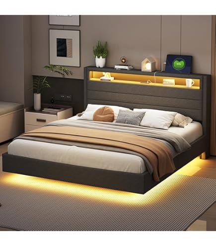 Letto Matrimoniale 160x200cm Con LED E USB - Testata Imbottita, Contenitore, Grigio Lino - Foto 5