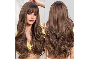 EMMOR Perruques Brun avec Des Mèches en Évidence pour Femmes Longues Bouclées avec Frange en Fibres Synthétiques Résistantes à la Chaleur Perruques Quotidiennes d'Aspect Naturel