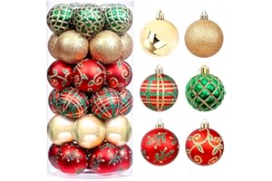 KAHEIGN 30 bolas de Navidad, 6 cm, rojo, verde y dorado, adornos de bolas de Navidad irrompibles para colgar para árbol de Navidad, vacaciones, casa, Navidad, fiesta (6 estilos)