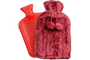 MAGIC SELECT Bouillotte avec Housse. Bouillotte pour le dos, les lombaires, le ventre et les mains. Bouteille d’eau Chaude, 1,6 L. Sac Chauffe-lit. Housse en Peluche avec Pompons, Lavable et Amovible.