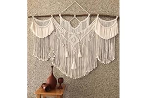 CBXSF Gran Pared Colgante Macramé Decoración de Paredes Bohemias Tapiz de Macramé Encima de la Cabecera Tapices Tejidostelón Palo de Madera Natural,110cm (Anchura) X 80cm (Longitud)