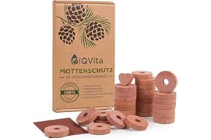 ‎IQVITA Natürlicher Mottenschutz aus Zedernholz – 30 Mottenringe – 100% Naturprodukt – Hervorragende Mottenabwehr für Kleiderschrank – BIO – Mottenfalle - Chemiefrei