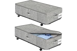 KUKIKAN 50L XL Sturdy Under Bed Storage with Wheels, 2 Pack Rolling Underbed Storage Bins, Under Bed Containers Drawer with Metal Bottom Support, Bedroom Organiser Bins with Lids for Clothes, Shoes, Blankets
