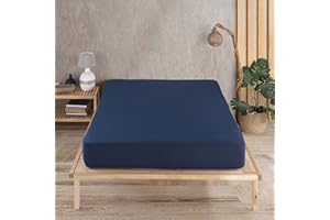 Vency Drap-housse en jersey de qualité supérieure, 160 x 200 cm, bleu marine, 100 % coton, drap de 160 x 200 à 35 cm, hauteur du matelas bleu marine