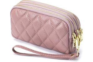 RRvane Genuine Leather Quilted Clutch Bag, Ladies' 3 Zipper Wristlet Wallet, Multifunction Purse with Wrist Strap for Women