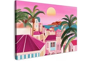 MuchoWow© Impression sur Toile Photo Peinture 60x40 cm Tableau Decoration Murale Chambre Salon Maison Deco Cuisine Ville - Rose - Palmiers