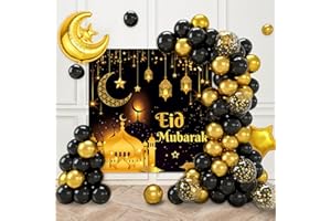 FRIGG Black and Gold Eid Mubarak Decorations for Home, Eid Mubarak Background Banner with Black and Gold Ramadan Balloons, Eid Mubarak Balloons Set for Ramadan Decorations 2024, Eid Party Decor
