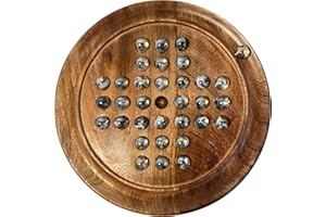 THORNESS 22cm Diameter wooden SOLITAIRE BOARD GAME with CLEAR POLAR SWIRL GLASS MARBLES | classic wooden solitaire game | strategy board game | family board game | games for one | board games