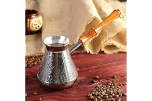 AEVVV Copper Turka Coffee Maker 17 oz - Turkish Cezve Coffee Pot Copper - Vintage Design Engraved Ornament Coffee Ibrik - Mini Saucepan with Spout and Wooden Handle