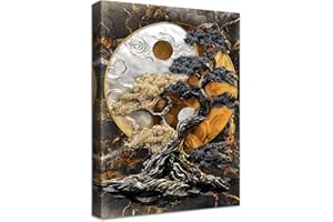 HALFLEMART Cadre en Bois Impression sur Toile Arbre Qian Kun Yin Yang Tableau Image sur Toile Camée Noir Marron Argenté Tableau Decoration Murale Salon Chambre Coucher Salle de Bains Couloir 30x40cm