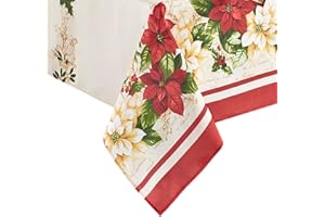 Elrene Home Fashions Biało-czerwony obrus świąteczny, z motywem gwiazdy betlejemskiej, tkanina odporna na zagniecenia obrus, 152 cm x 259 cm prostokątny, wielokolorowy