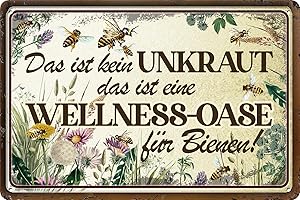 LUCKYLINDE - Wetterfestes Blechschild, Gartenschild – Hinweis: Kein Unkraut, Wellness Oase für Bienen – lustiger Spruch, 20 x 30 cm