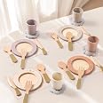 Set De Vaisselle En Bois Pour Enfants - 24 Pièces (Assiettes, Tasses, Couverts) Avec Porte-Couverts - Jeu D'Imitations