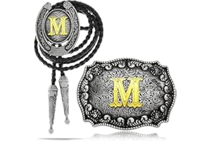 Yjfeshion 2 Pieces Western Cowboy Belt Buckle Bolo Tie Set Golden Initial Letter ABCJ to Z Rodeo Belt Buckles for Women Men