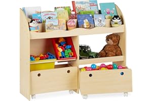 ‎RELAXDAYS Relaxdays Regał dziecięcy, do przechowywania zabawek, pudełka z tworzywa sztucznego, regał na książki, MDF, wys. x szer. x gł.: 88 x 108 x 29 cm, imitacja drewna, beżowy