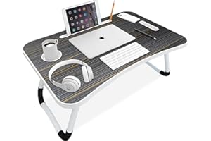 Blisswood Laptop Bed Table, Foldable Lap Desk For Bed and Sofa Breakfast Bed Tray, Portable Lap Table Laptop Desk With Handle & Cup Holder, Notebook Stand For Reading Writing Working, Grey 60x40x28cm