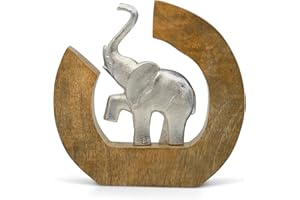 FEINKNICK Rzeźba "Koło życia" - nowoczesna ręcznie wykonana figurka deco słonia z aluminium w drewnie mango - srebrny słoń deco z metalu w tabliczce z drzewem o wysokości 24 cm - figurka deco jako statuetka z drewnem