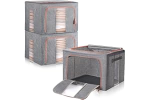 HIVEXAGON Steel Frame Storage Box, 66L Clothes Storage Bag with Double Opening Zipper,Thick Cotton Linen Protect from Moisture Dust,Perfect for Clothing Toys Sheets Blankets (Set of 3)