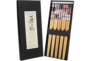YTZJ DIRECT 5 Pairs Natural Reusable Bamboo Chopsticks with Fortune Cat Pattern, Quality Anti-Slip Japanese Chopstick Gift Set Dishwasher Safe, Nicely Presented Chinese Chop Sticks for Asian Dishes Sushi Noodles