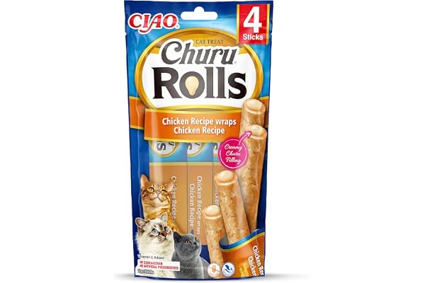 INABA Churu Rolls - Friandise pour Chat en Bâtonnet au Poulet, Enrobage au Poulet - Moelleux et Crémeux - 4 Sticks x 10g