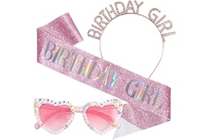 Stiedey Birthday Queen Accessories Kit, Birthday Glitter Pink Sash with Heart Pearl Sunglasses and Sparkling Crystal Headband, Happy Birthday Party Accessories for Girl Women Costume