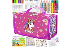 SUNXBUK Unicorno Bambina Regalo 64 pcs,Regalo Bambina 3 4 5 6 7 8 9 10 Anni,Valigetta Colori per Bambini,Acquerelli,Cancelleria,Pennarelli,Astuccio,Pastelli,Libro da Colorare,Giocattolo Bambini 3-10 Anni