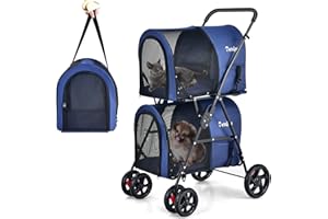 COSTWAY Double Couche Poussette pour Chien Chat Animaux, 2 Cages Détachables avec Porte Avant et Arrière, Roues Pivotants Universelles, Poussette de Voyage pour Animaux pour Twin ou Multiple (Bleu)