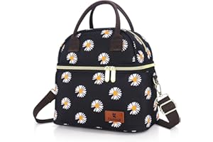 Hafmall Sac Isotherme Repas pour Femme, Sac Lunch Isotherme Bureau à 2 Compartiments, Petit Lunch Bag pour Le Travail et L'école, Noir + Marguerite