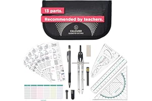 CALCUSO GEOMETRY SET PRO in a black pencil case with compass and protractor - Practical case for school, university, office, and drawings - Ideal as a geometry set for school