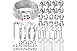 NEMMXUB 35M/3mm Edelstahl Stahlseil Kit, Drahtseil Rankhilfe Set, 304 Drahtseil Edelstahl, Stahlseil Ummantelt mit Ösen Seilspanngarnitur, Drahtseilklemme, Spannschloss, für Gardinenseil Suspension