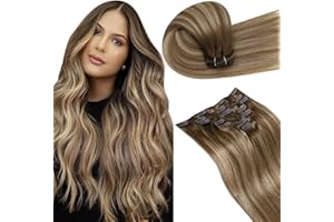 LaaVoo Extension Cheveux Natural Clip Blonde Dorée Extension a Clip Cheveux Natural Balayage Brun Clair A Blonde Dorée Clip Extension Cheveux Natural 7pcs/105g 40cm #8/16/8