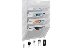 EasyPAG 5 Fächer Metall A4 Zeitschriften Wandhalter Zeitschriftenhalter Wand Aktenablage Dokumentenhalter Magazin Wandhalterung Post Organizer Prospektspender Flyerhalter Hängend mit 5 Haken,Weiß