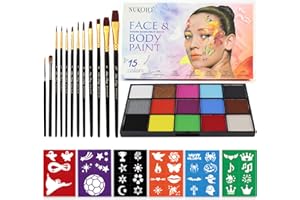 VOLLUCK Bodypainting Farben, Gesichtsfarbe Body Paint mit 15 Farben Schminkpalette, 12 Pinsel, 6 Tattoo Vorlagen Schablonen für Halloween Karneval Party